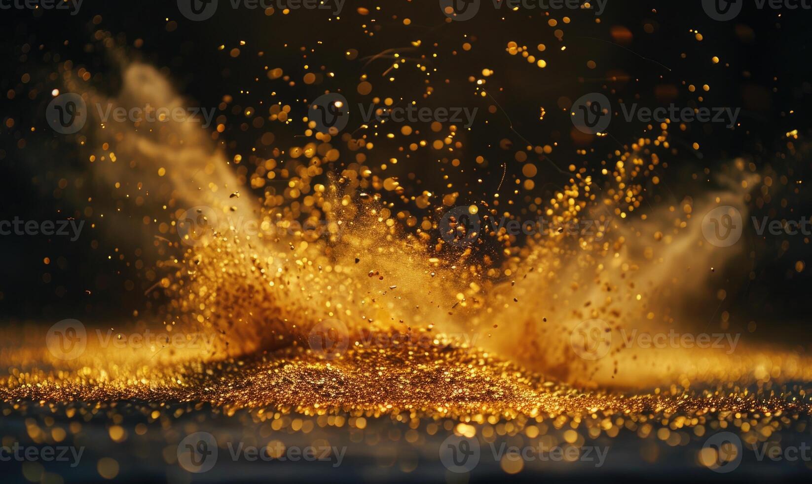 Sand explosion, golden grains dispersing on black background photo