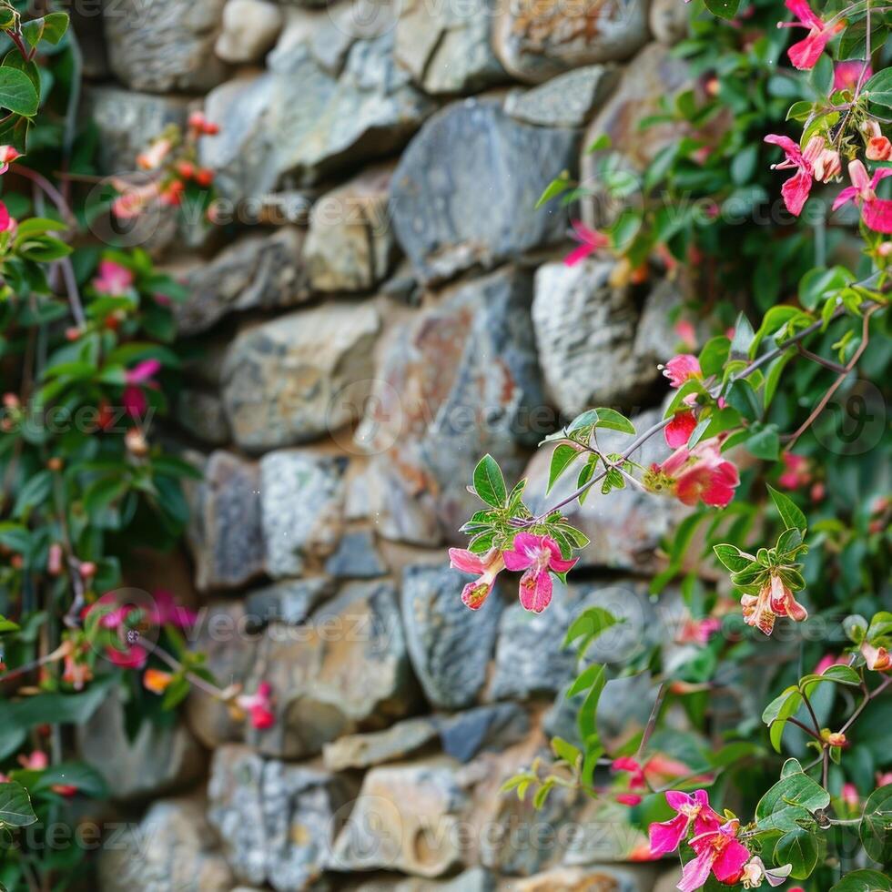 Stone wall with honeysuckle photo