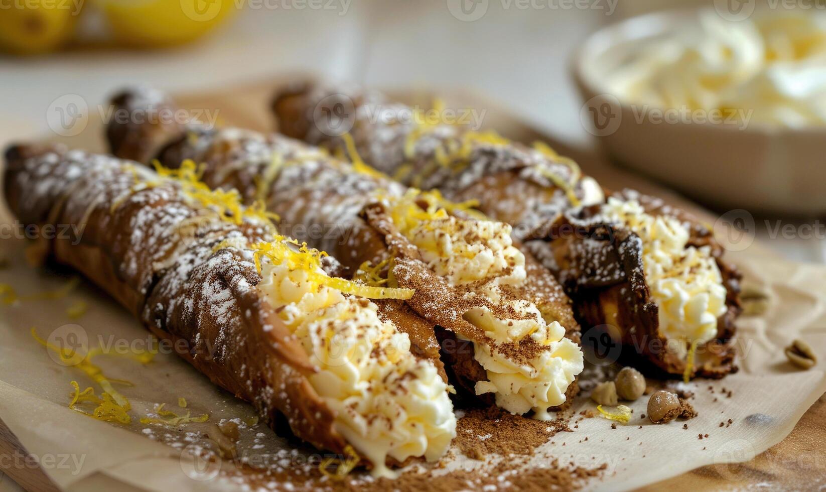 Lemon and coffee cannoli with lemon zest on a light wooden background photo