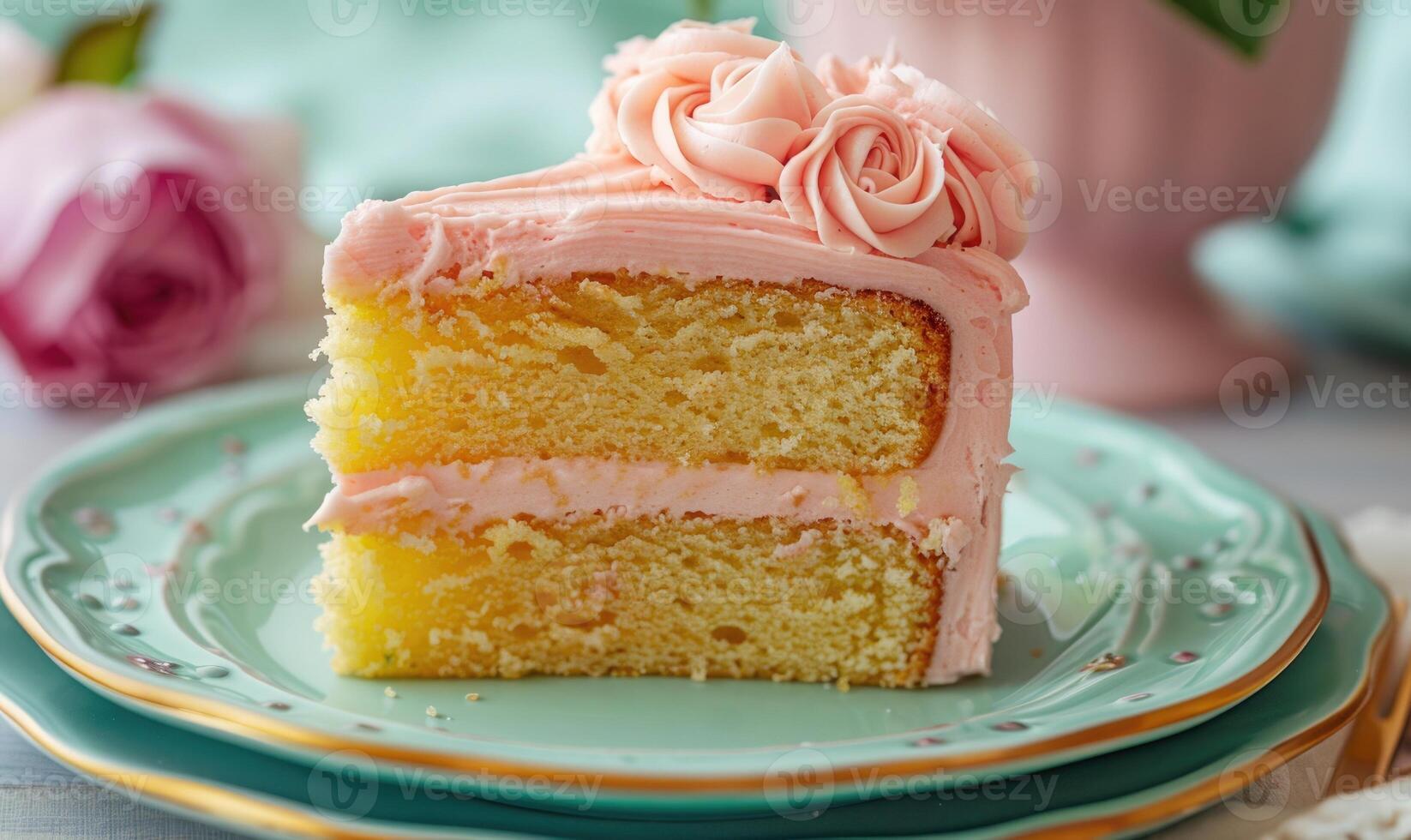 Rose and lemon cake with rose frosting on a pastel green plate photo