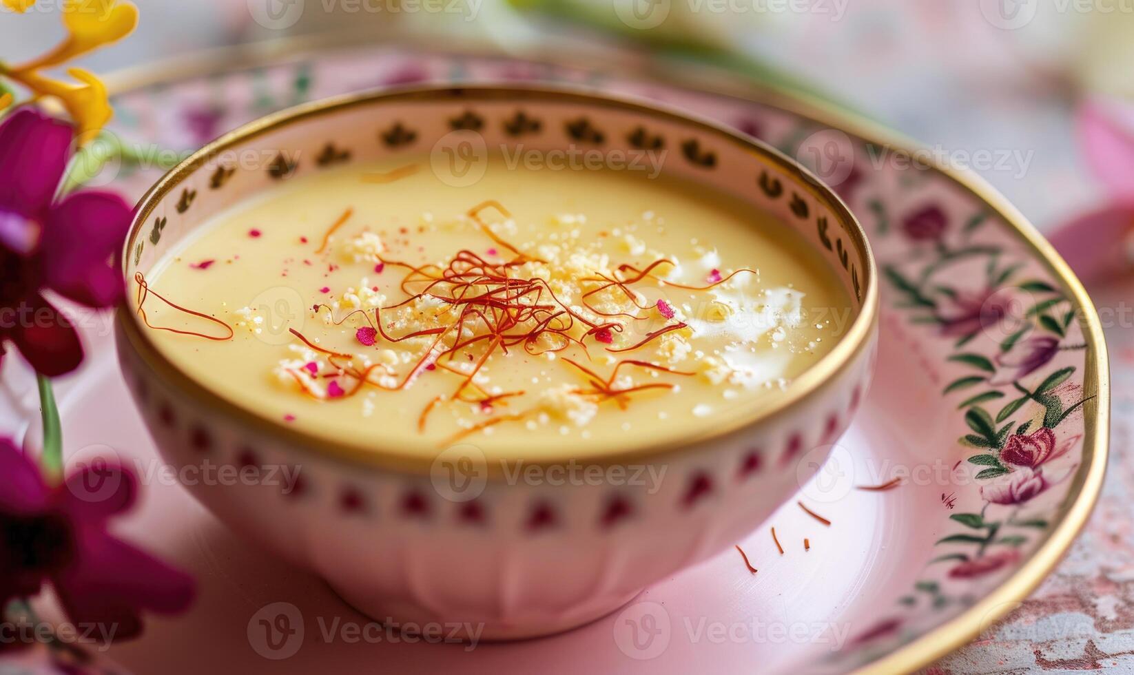 Indian basundi with saffron on a pastel pink plate photo
