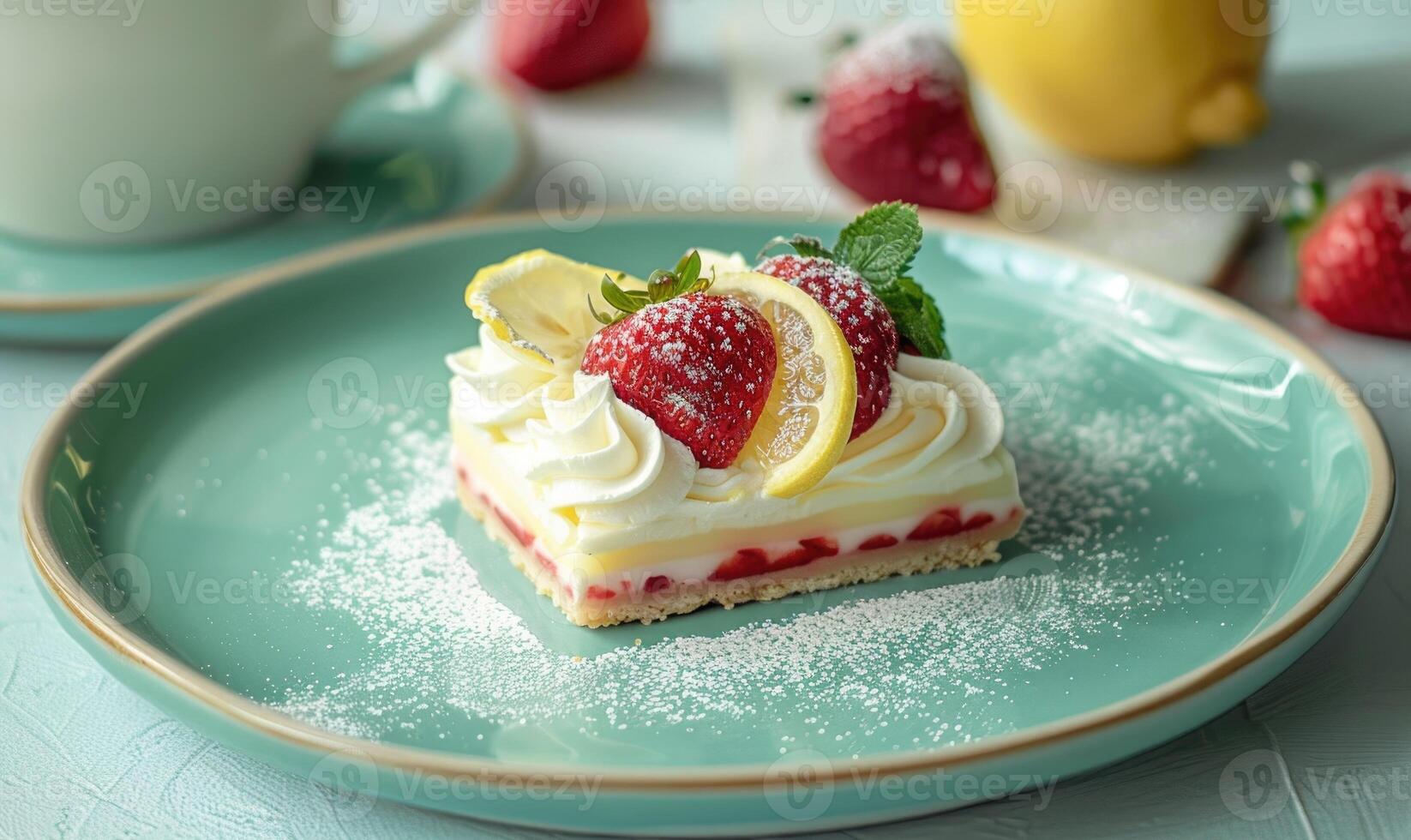 Lemon and strawberry tart with a flat white on a pastel green plate photo