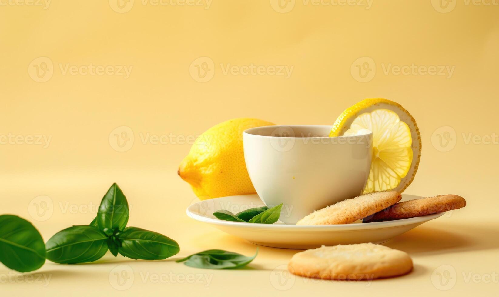 Lemon and basil cookies with a cup of coffee on a light yellow background photo