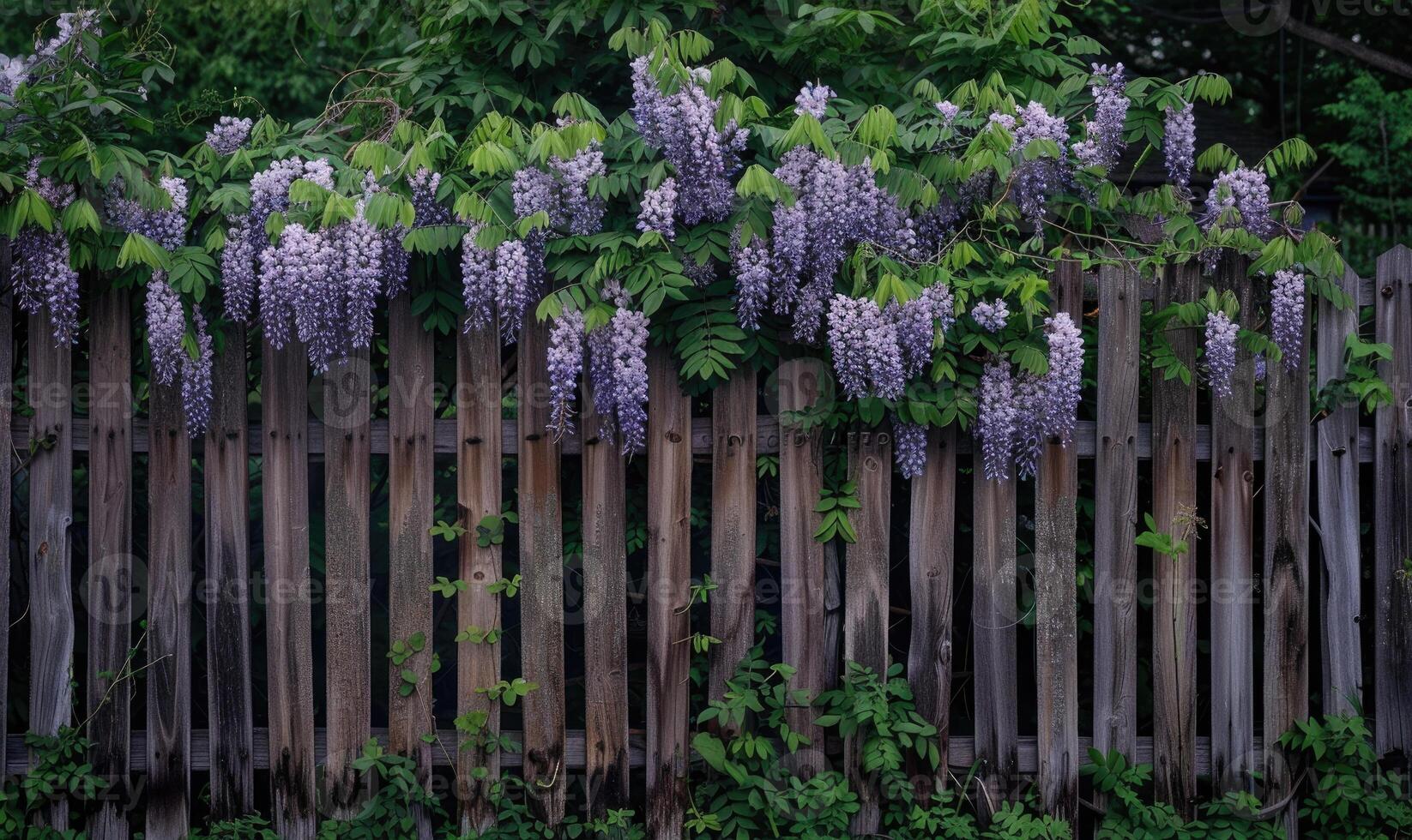Wooden fence covered in wisteria blossoms photo