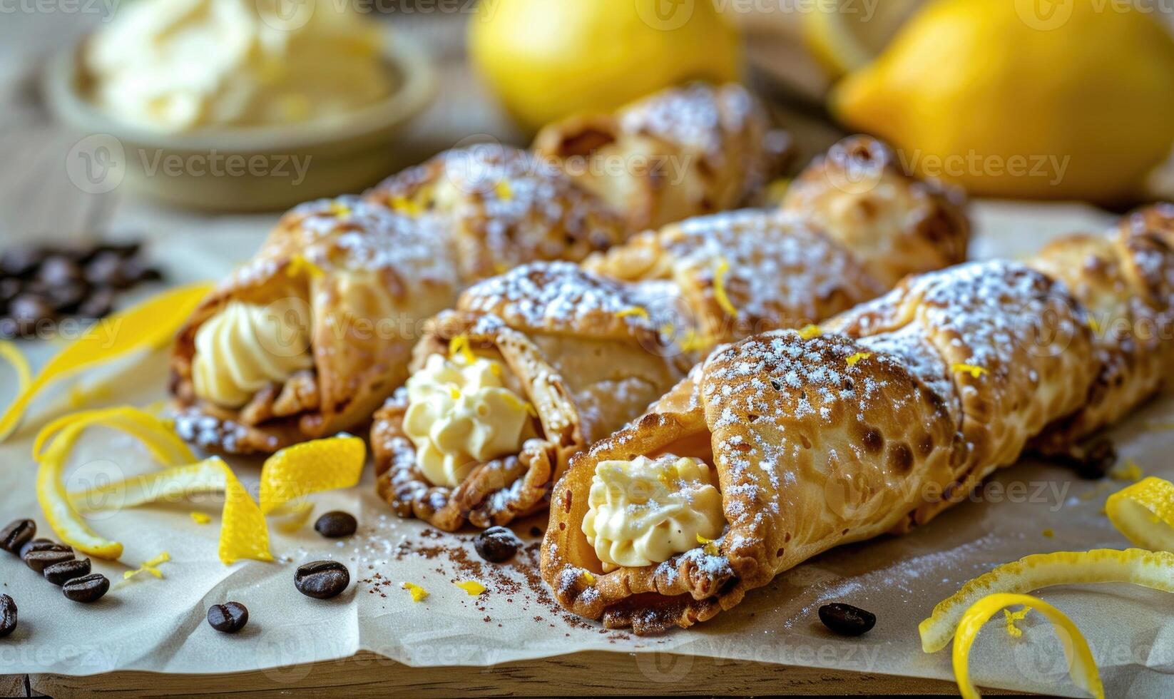 Lemon and coffee cannoli with lemon zest on a light wooden background photo