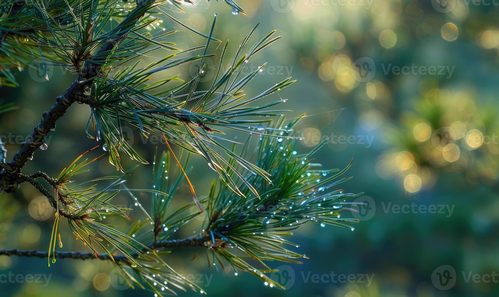 Closeup view on cedar branch in rain drops, bokeh background photo