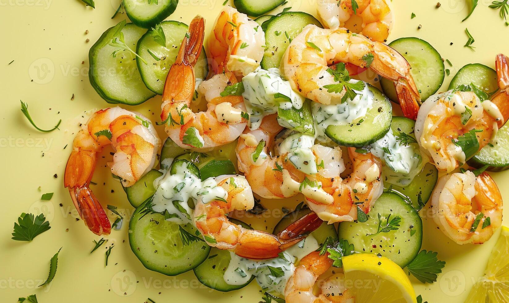 Shrimp and cucumber salad with yogurt dressing on a light yellow background photo