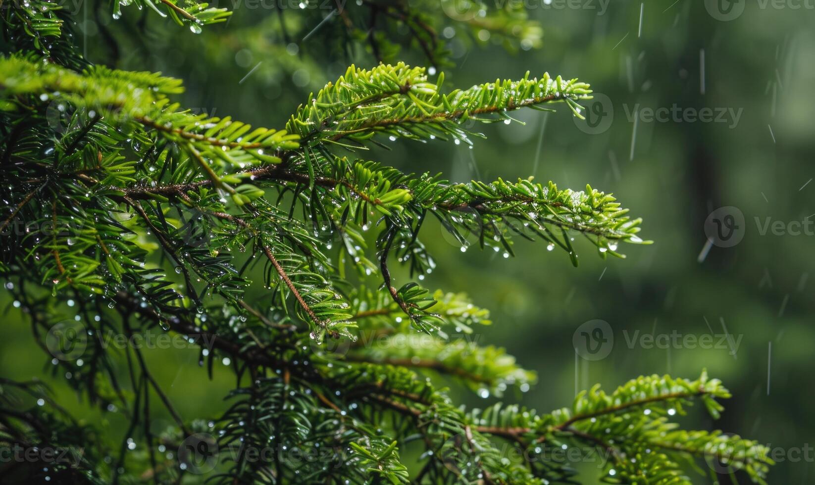Closeup view on cedar branch in rain drops, bokeh background photo