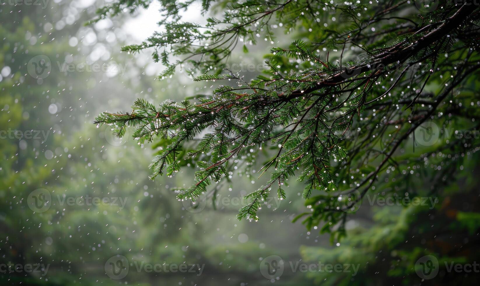 Closeup view on cedar branch in rain drops, bokeh background photo