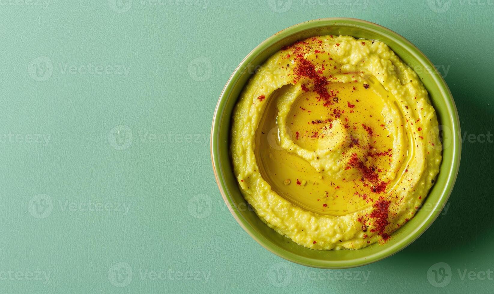 Avocado and hummus dip on a light green background photo