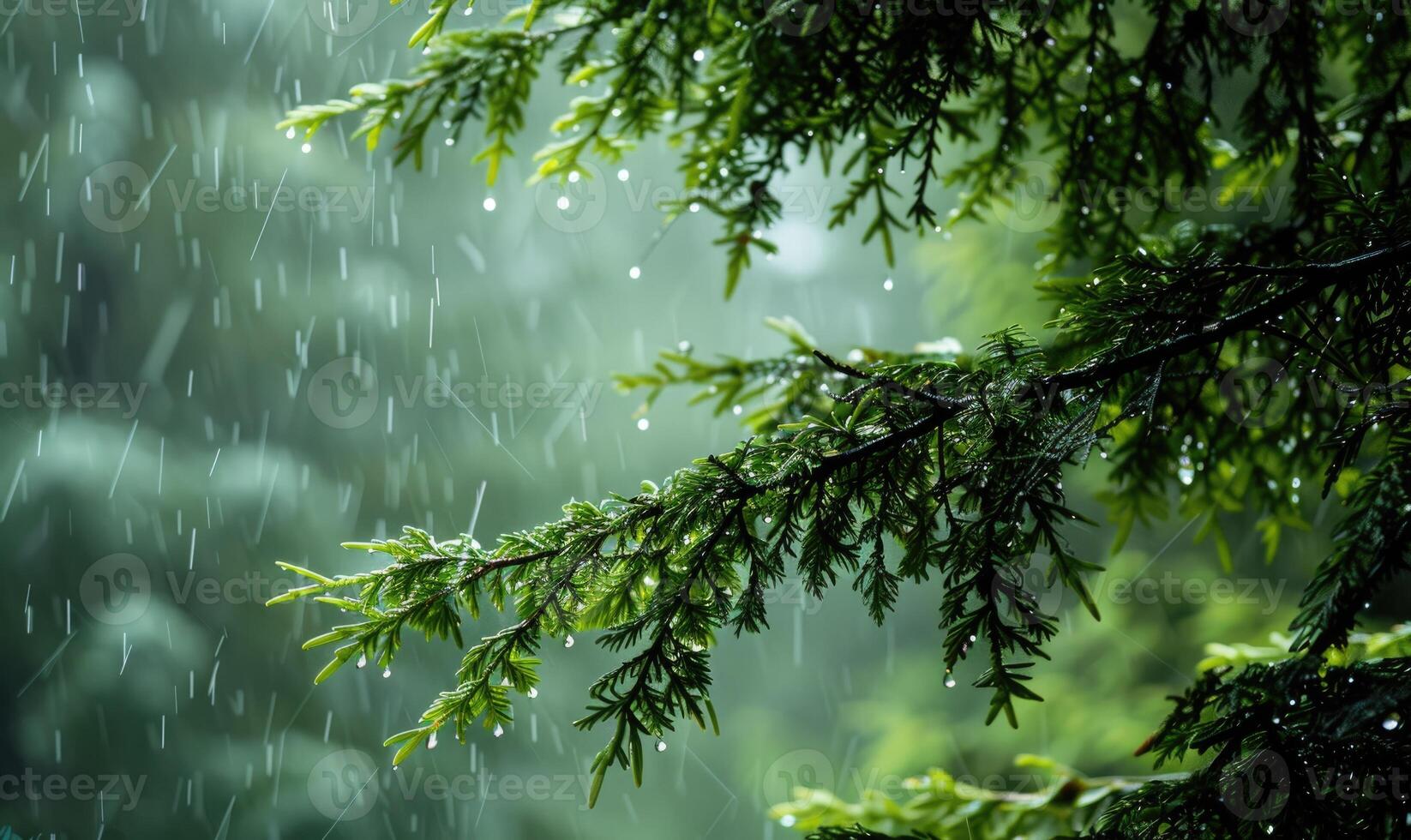 Closeup view on cedar branch in rain drops, bokeh background photo