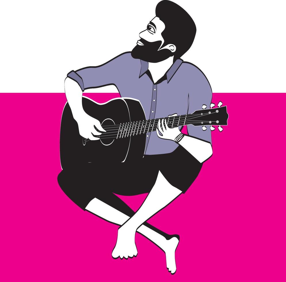 A boy playing acoustic guitar vector