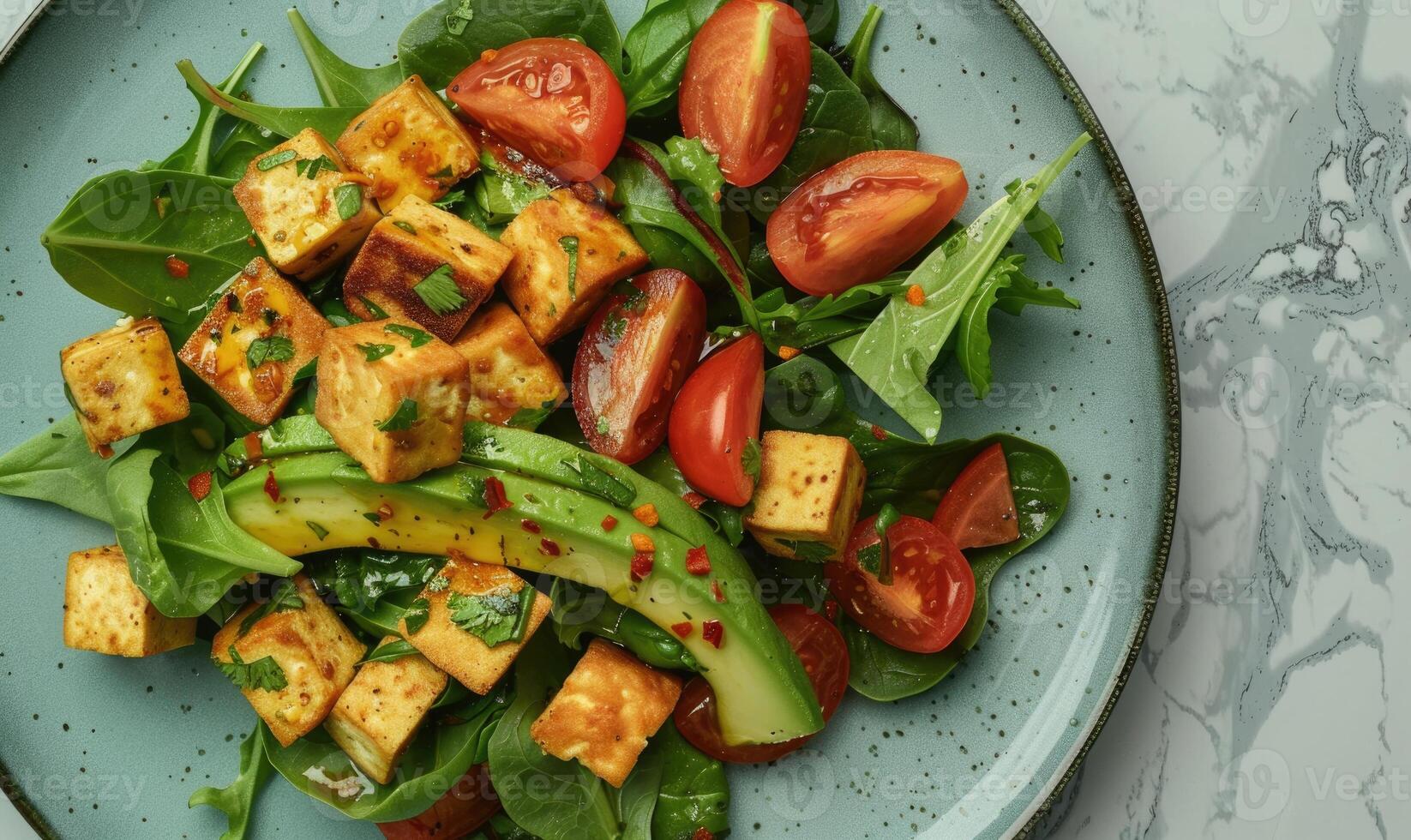 Avocado and tofu salad on a pastel blue plate photo