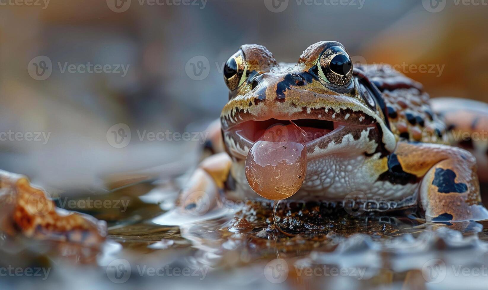 Macro photograph of Rana arvalis tongue catching prey photo