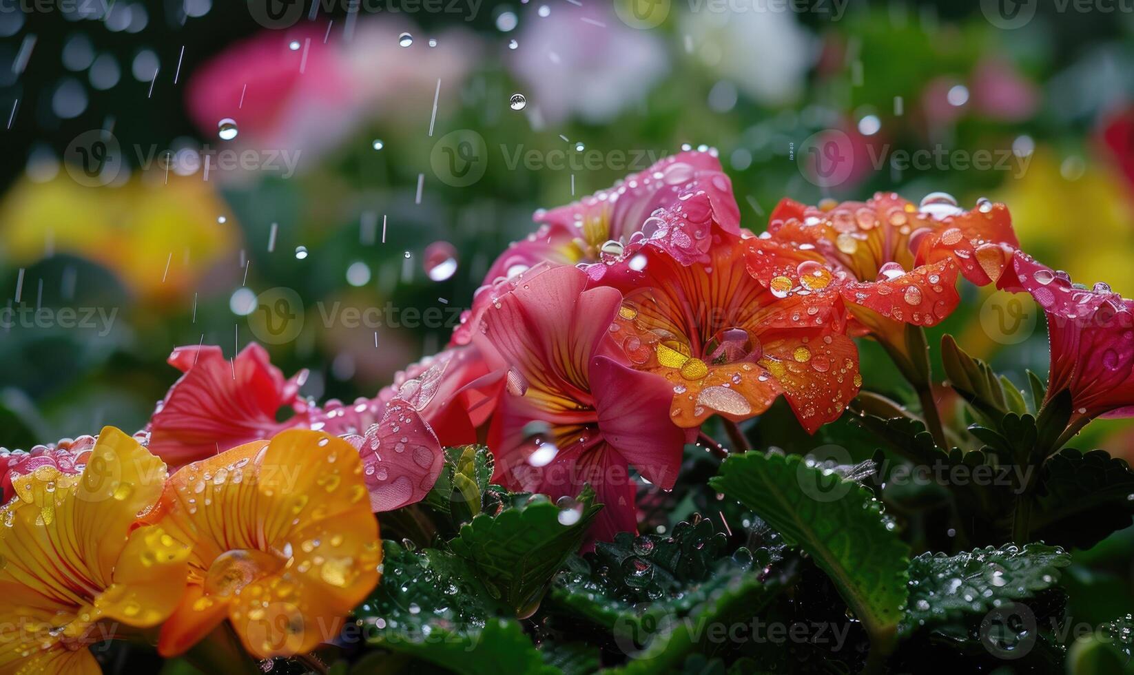 Raindrops falling on colorful spring flowers in a garden photo