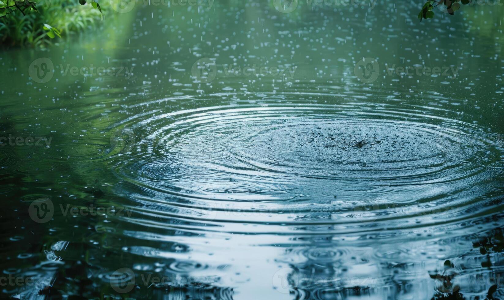 Springtime rain showers creating gentle ripples on the surface of the lake photo