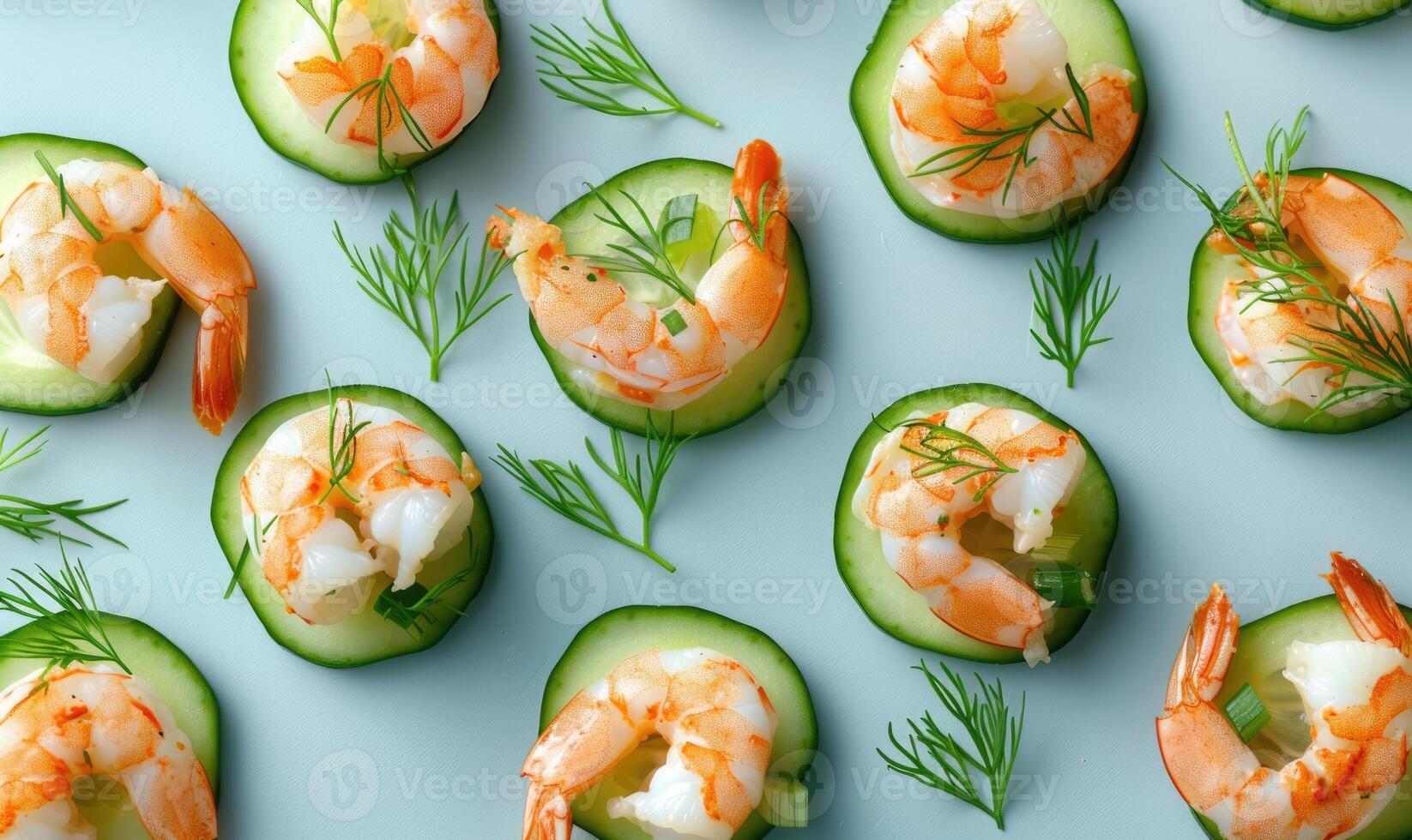 Shrimp and cucumber bites with dill on a light blue background photo