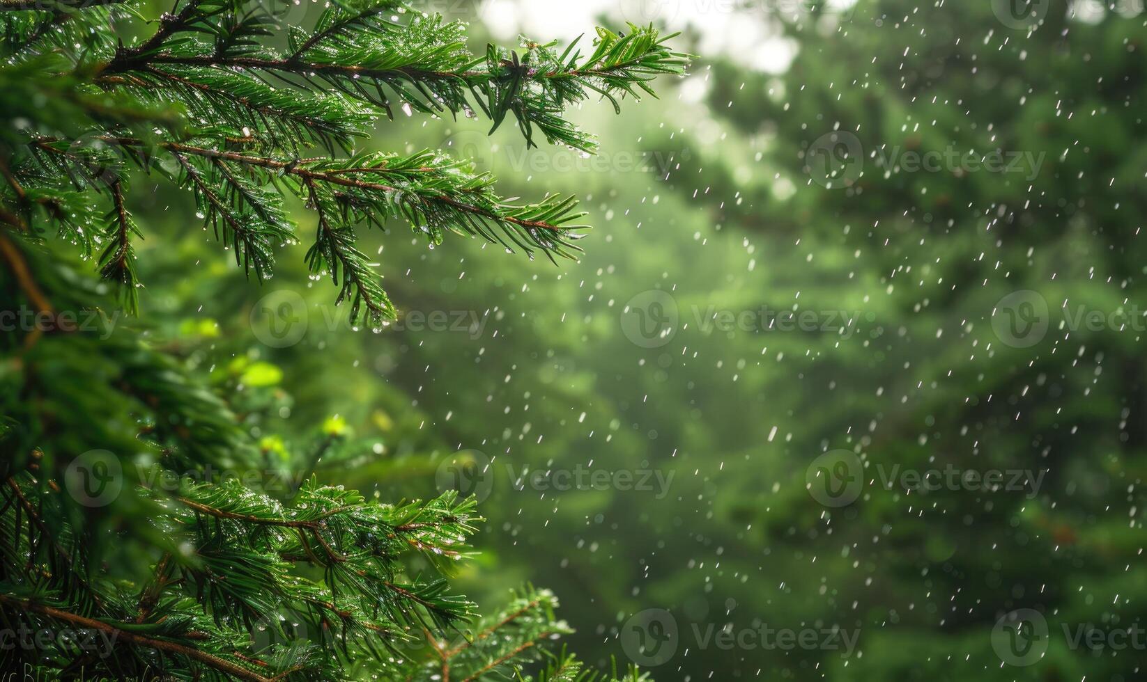 Closeup view on cedar branch in rain drops, bokeh background photo