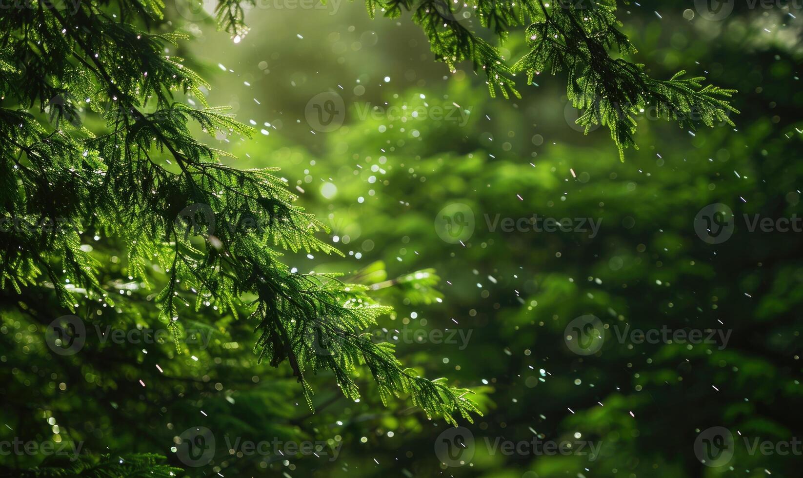 Closeup view on cedar branch in rain drops, bokeh background photo