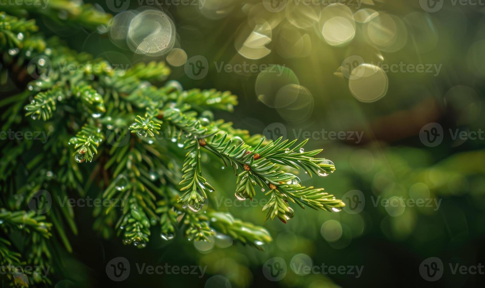 Closeup view on cedar branch in rain drops, bokeh background photo