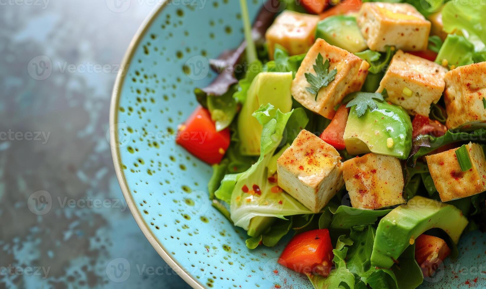 Avocado and tofu salad on a pastel blue plate photo