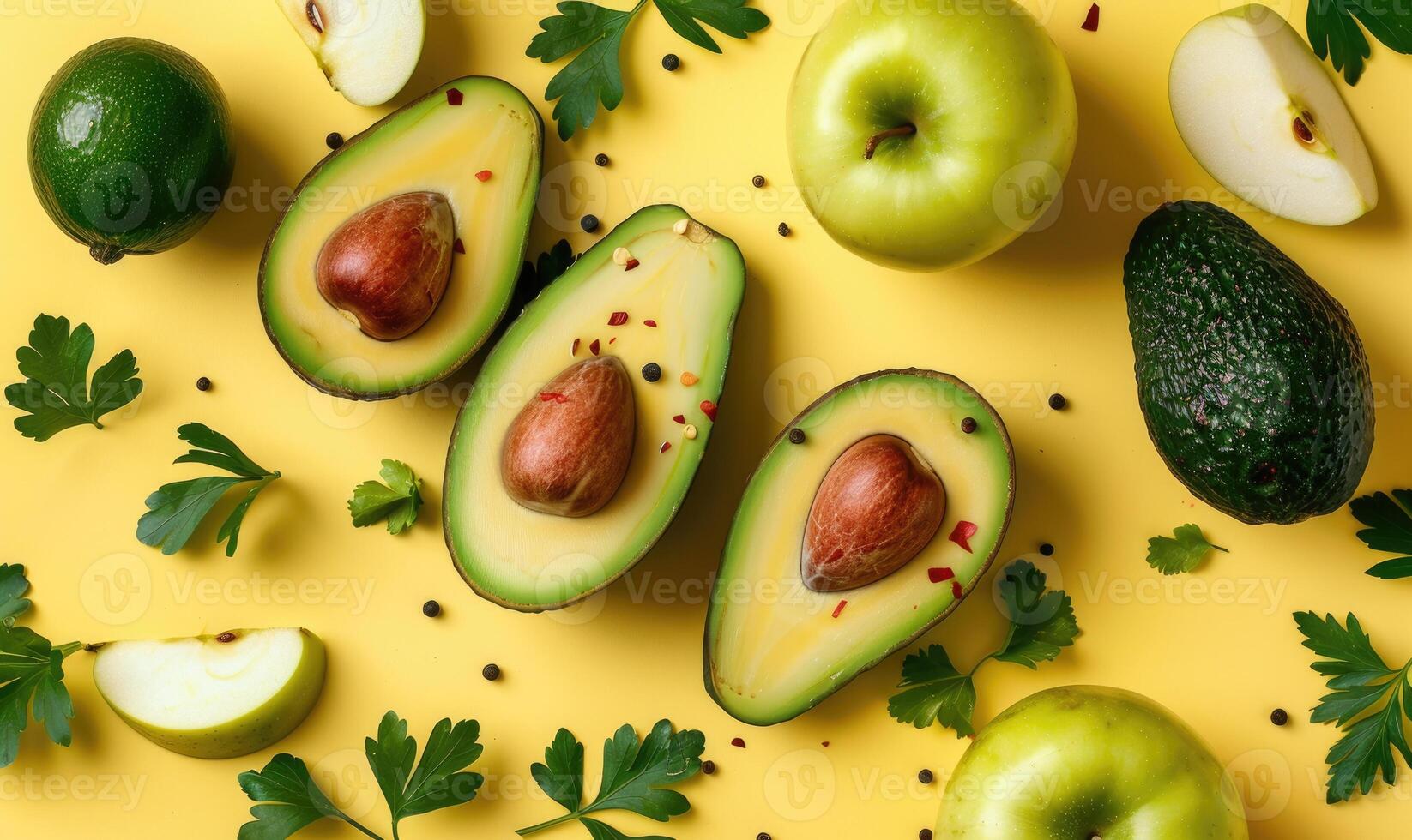 Avocado and apple salad on a light yellow background, fruit pattern photo