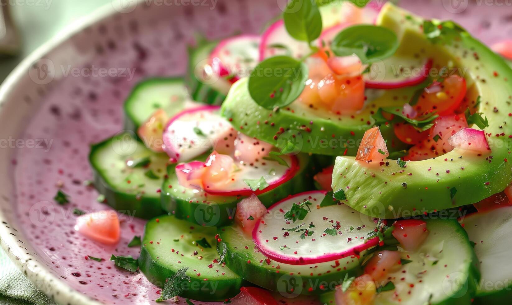 Avocado and radish salad on cucumber rounds on a pastel purple plate photo