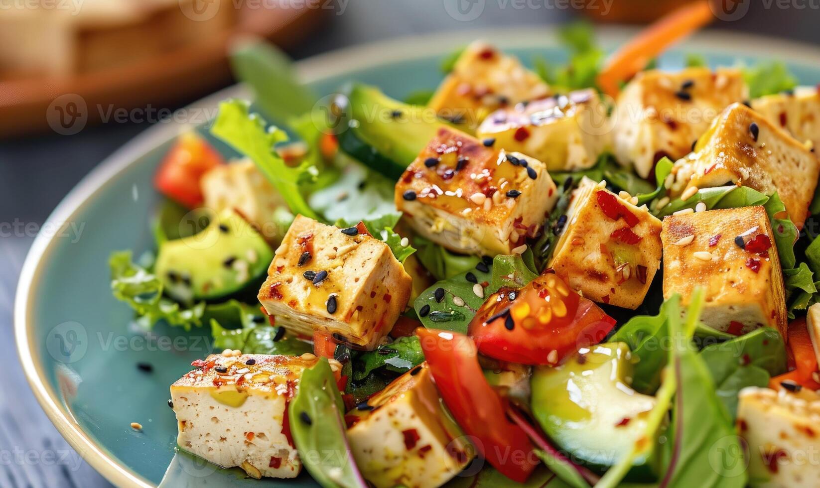 Avocado and tofu salad on a pastel blue plate photo