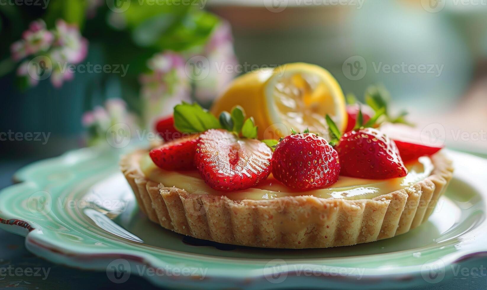 Lemon and strawberry tart with a buttery crust on a pastel green plate photo