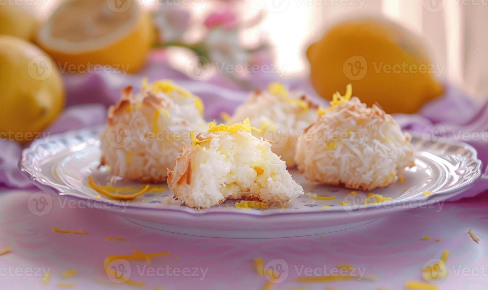 Lemon and coconut macaroons with lemon zest on a pastel purple plate photo