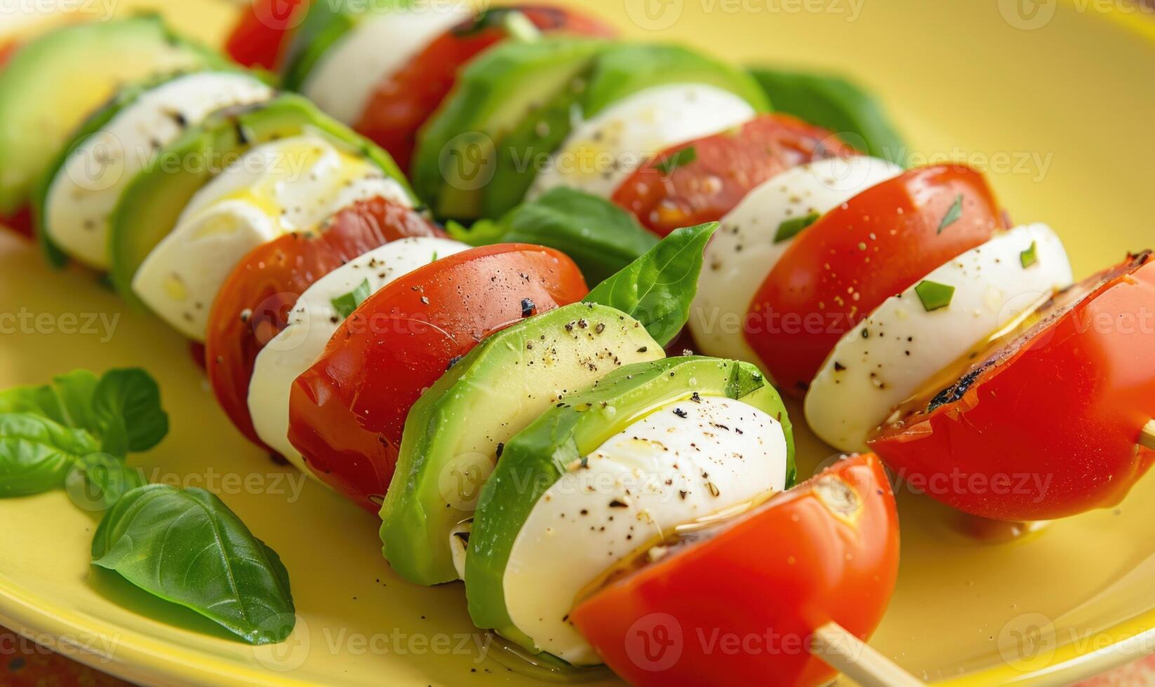 Avocado and tomato caprese skewers on a pastel yellow plate photo