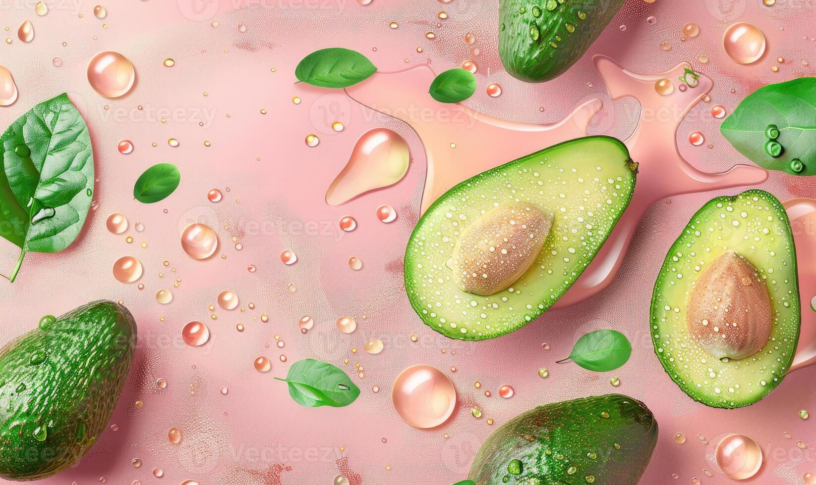 Avocado with leaves and water droplets on a light pink background photo