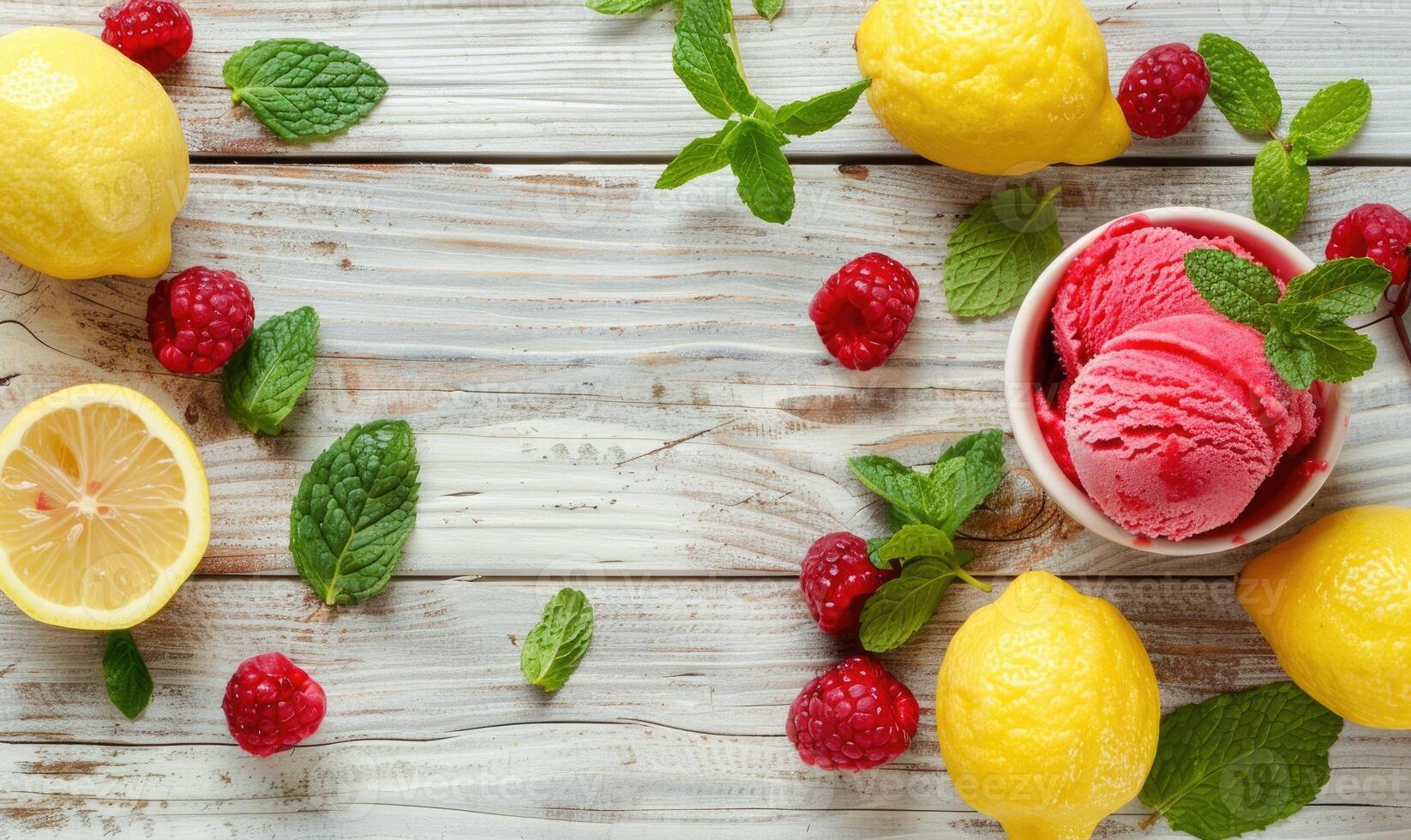 Lemon and raspberry sorbet with mint leaves on a light wooden background photo