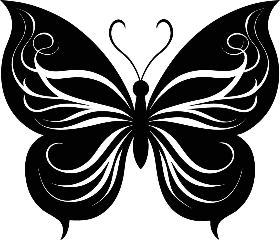 A stylized black silhouette of a butterfly with artistic flowing lines vector
