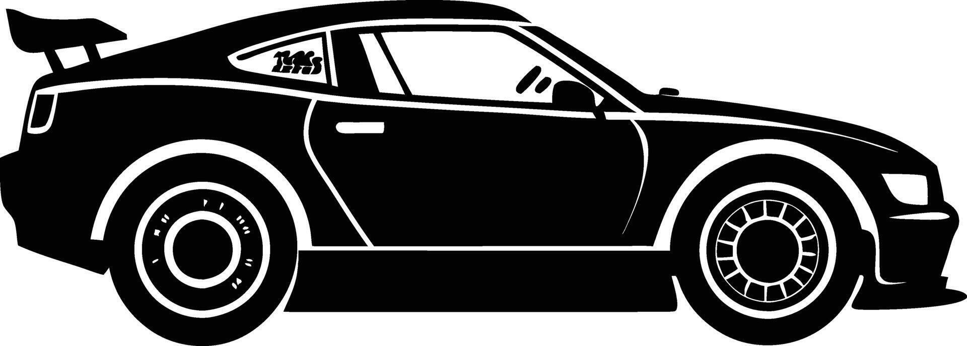 A black and white silhouette of a racing car vector