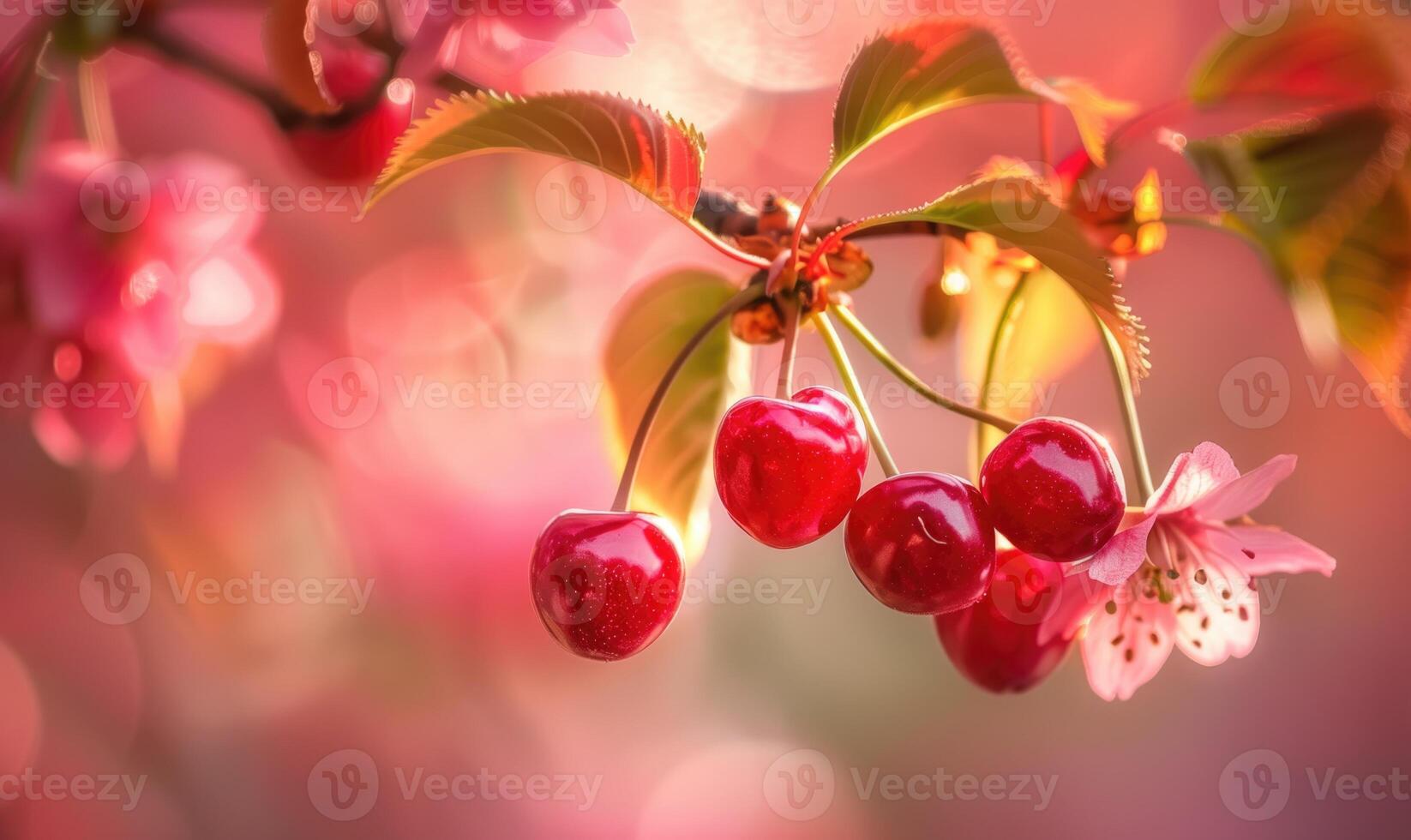 Ripe cherries peeking out from the branches of a cherry blossom tree photo