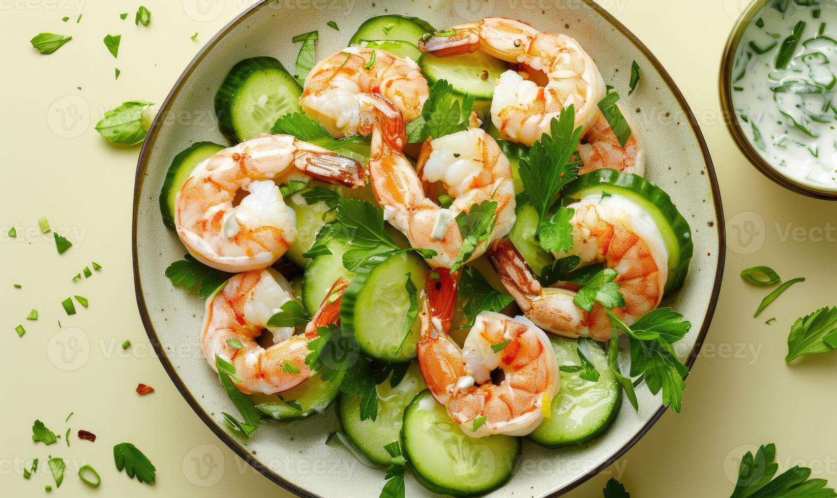 Shrimp and cucumber salad with yogurt dressing on a light yellow background photo