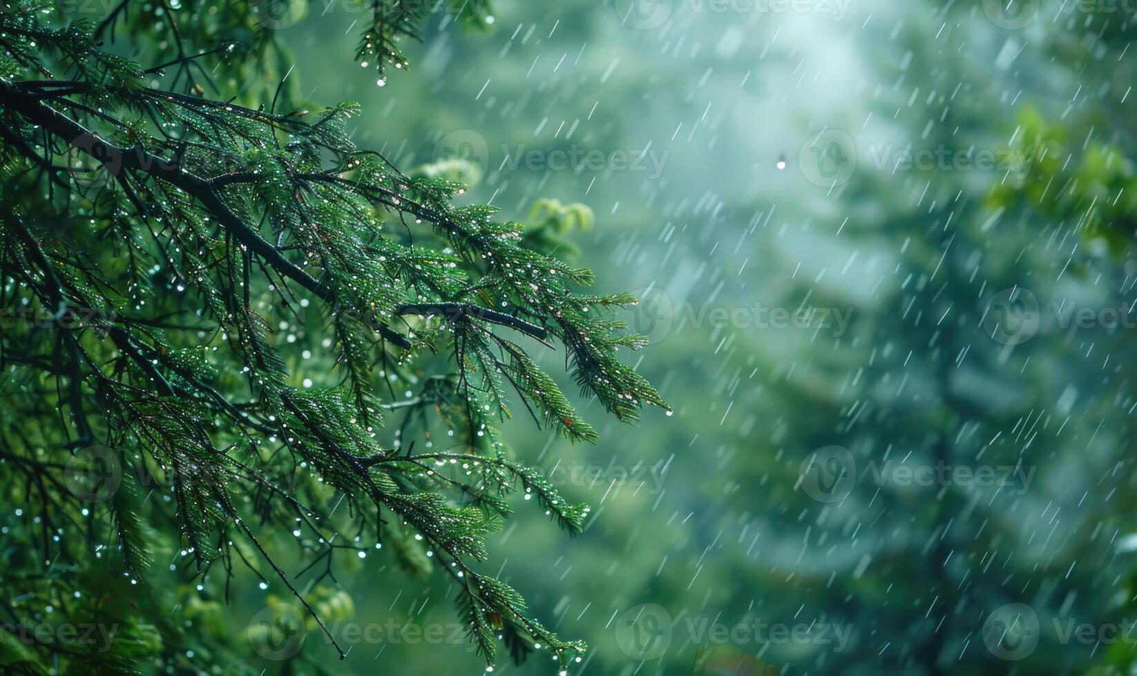 Closeup view on cedar branch in rain drops, bokeh background photo