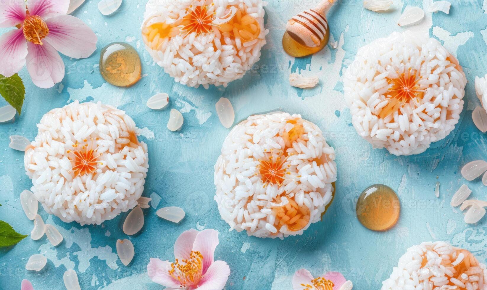 Rosewater rice cakes with honey syrup on a light blue background photo