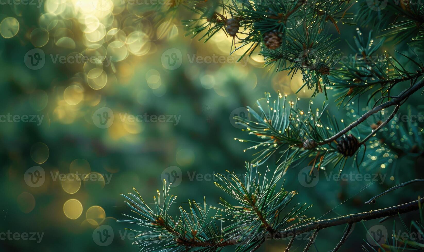 Closeup view on cedar branch in rain drops, bokeh background photo