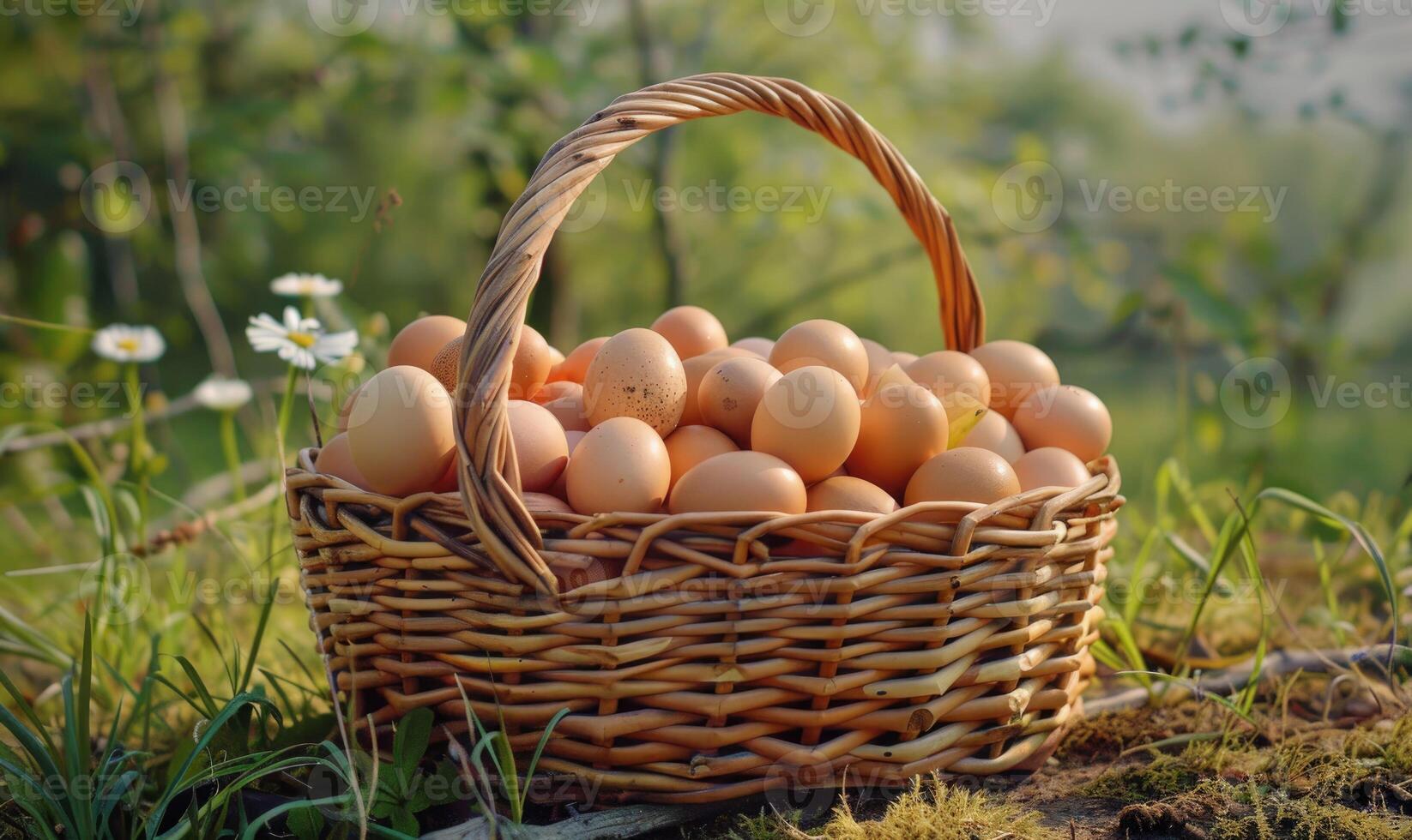 A basket filled with freshly gathered farm eggs photo