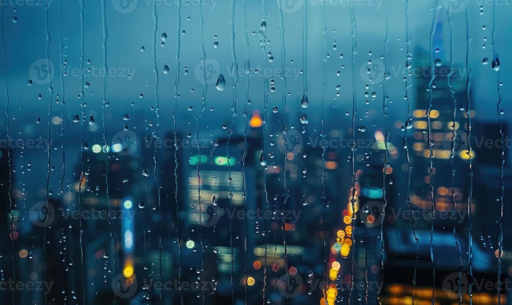 Raindrops streaking down a windowpane with a blurred cityscape in the background photo