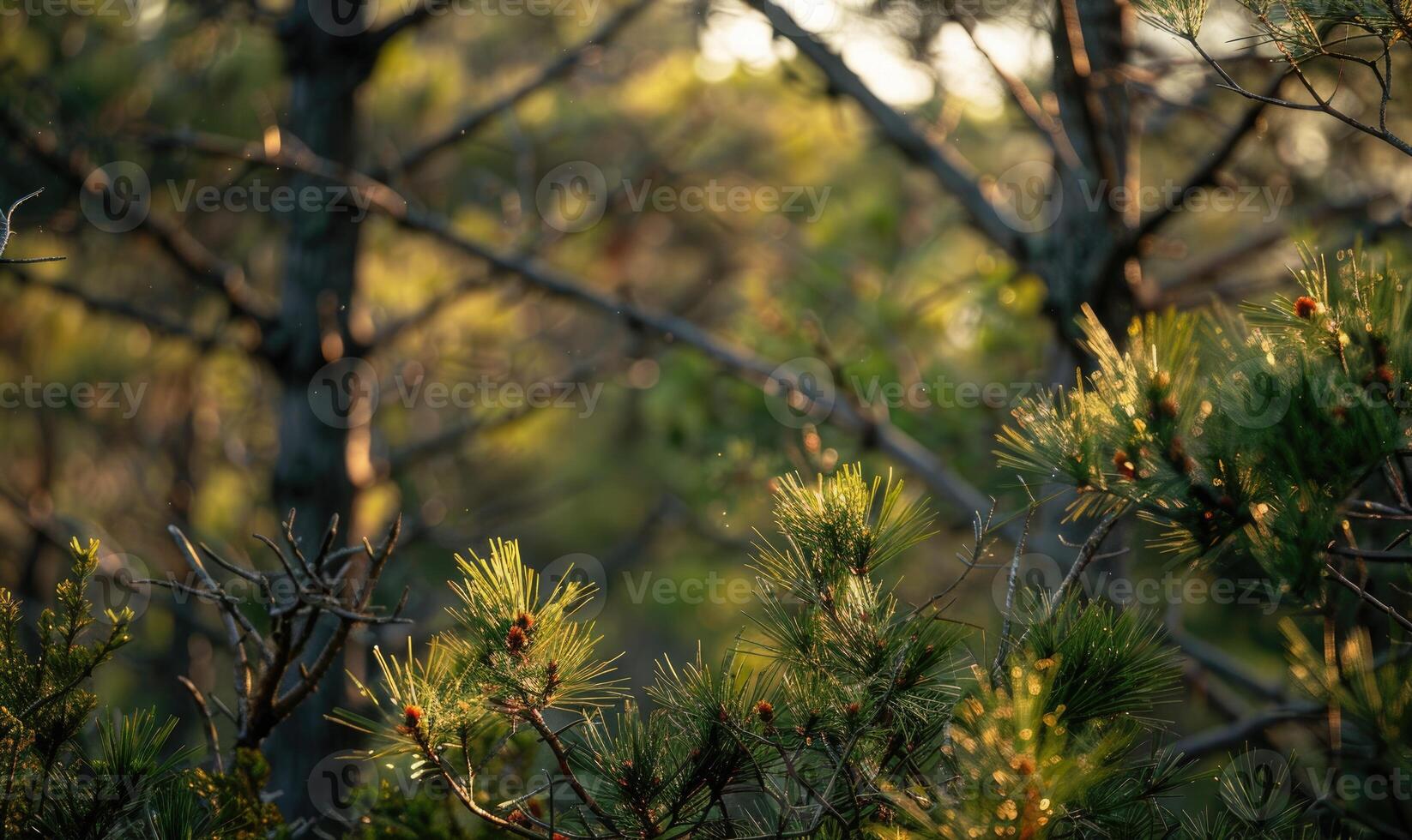 Closeup view on cedar branch in rain drops, bokeh background photo