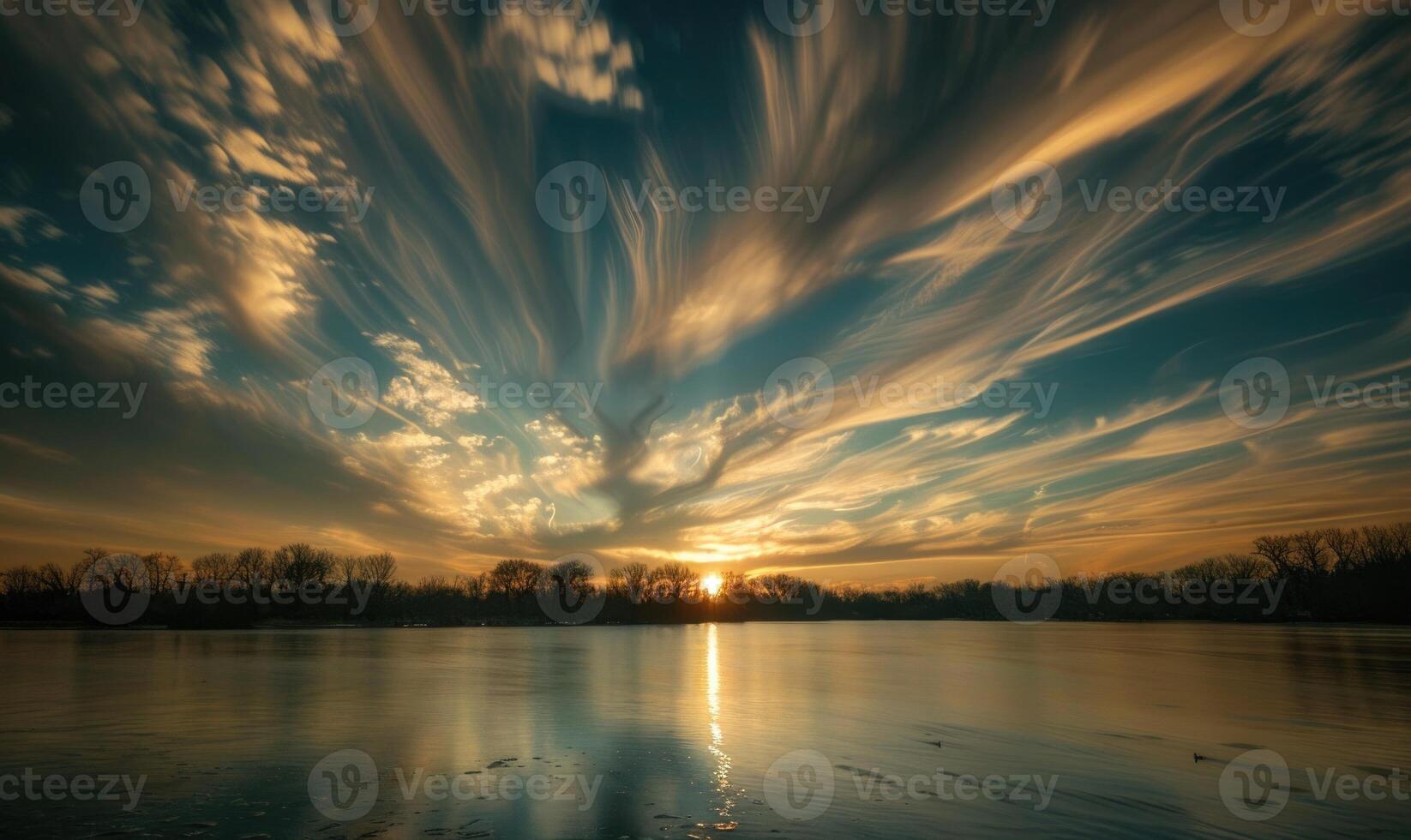 The sun peeking through a fluffy cumulus clouds, clouds reflected in water surface, sunset on the lake photo