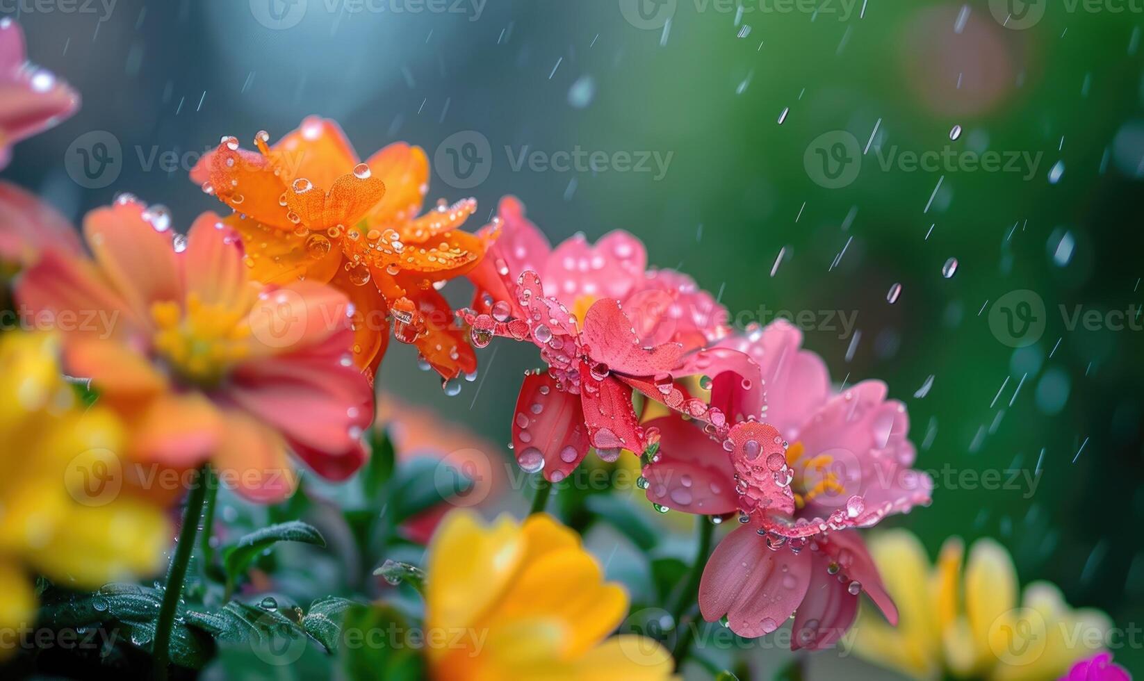 Raindrops falling on colorful spring flowers in a garden photo