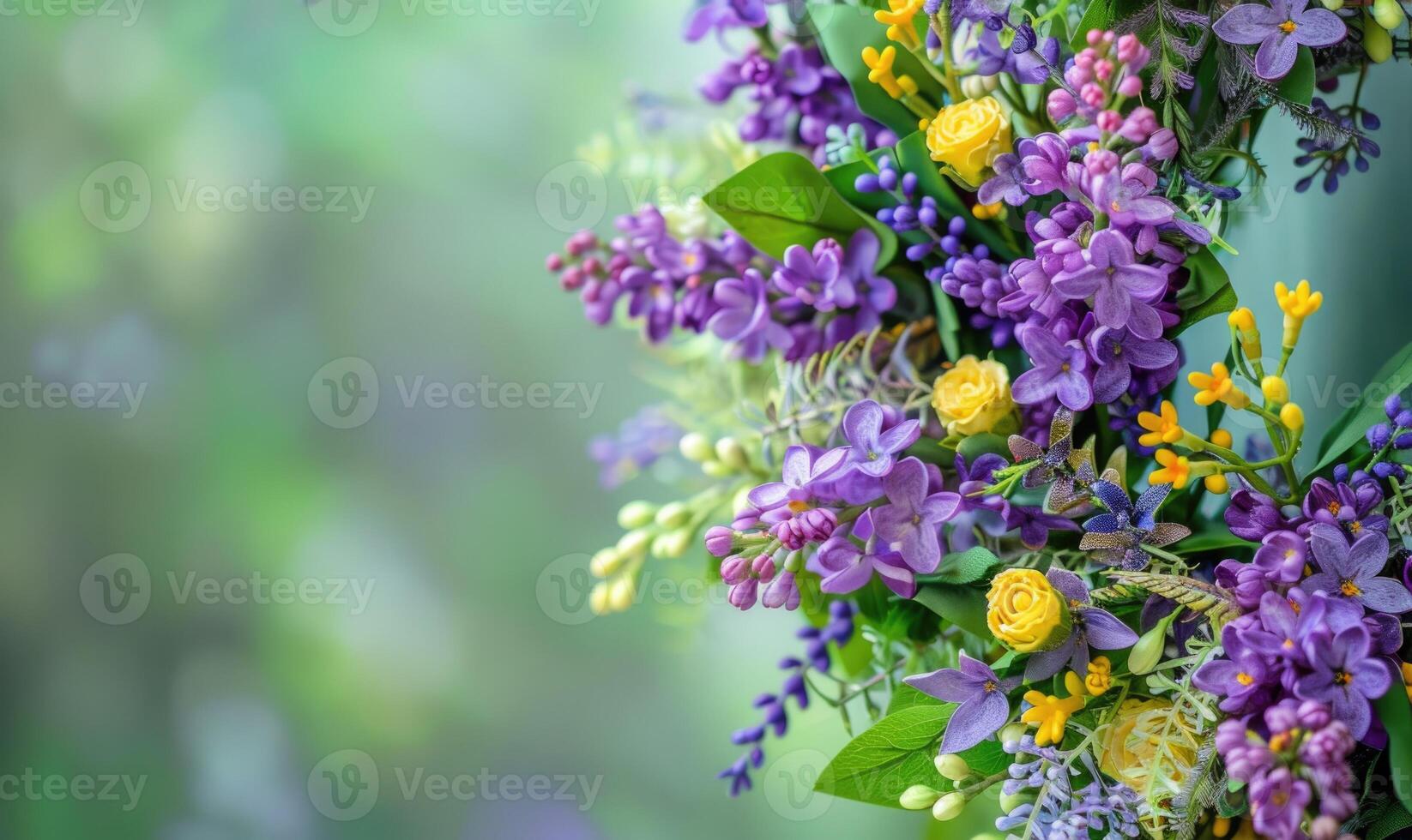 Lilac and laburnum flowers arranged in a wreath, closeup view, bokeh background photo