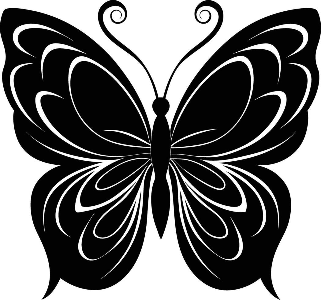 A stylized black silhouette of a butterfly with artistic flowing lines vector