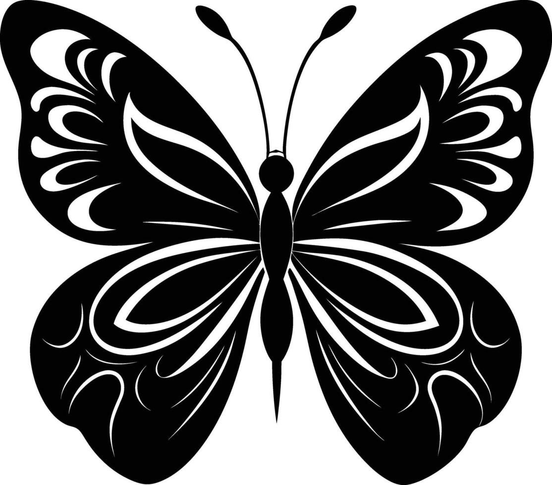 A stylized black silhouette of a butterfly with artistic flowing lines vector