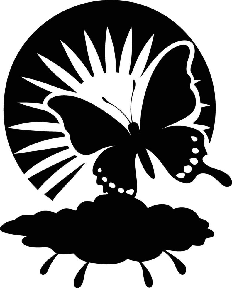 A silhouette of a butterfly soaring towards or against a setting of rising sun vector