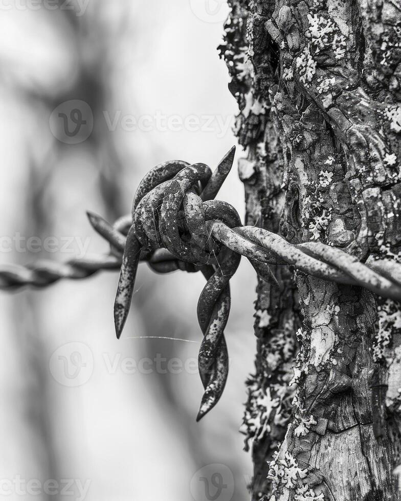 Black and white of barbed wire. photo